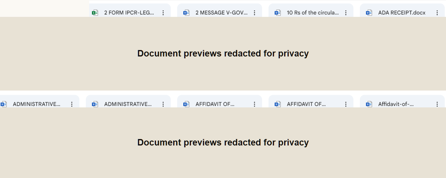 Administrative documents with previews redacted for privacy